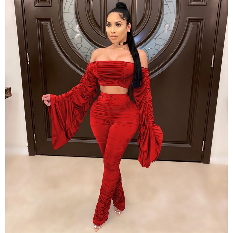 One-Shoulder Shirring Crop Top & Pencil Pants Set – Women's Club Outfit