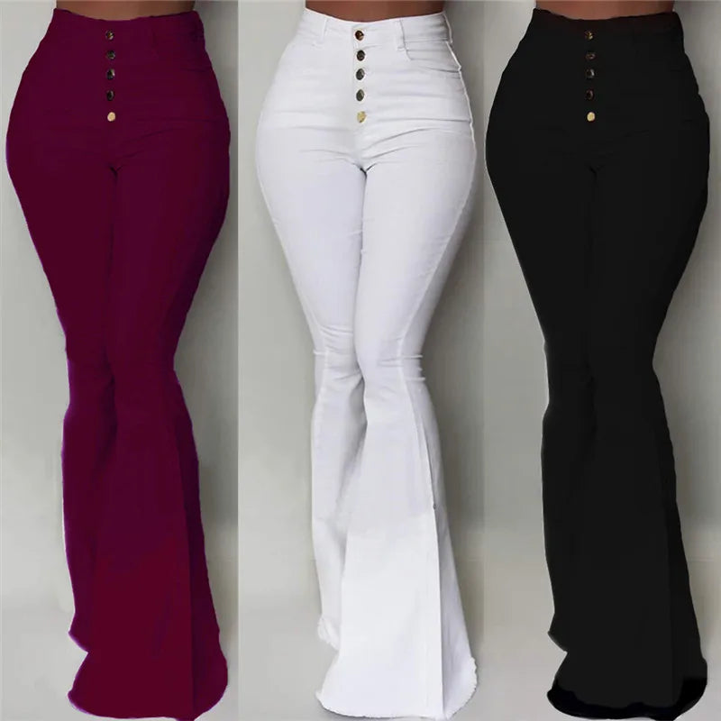 High Waist Elastic Bell-Bottom Pants – Women's Solid Flare Trousers
