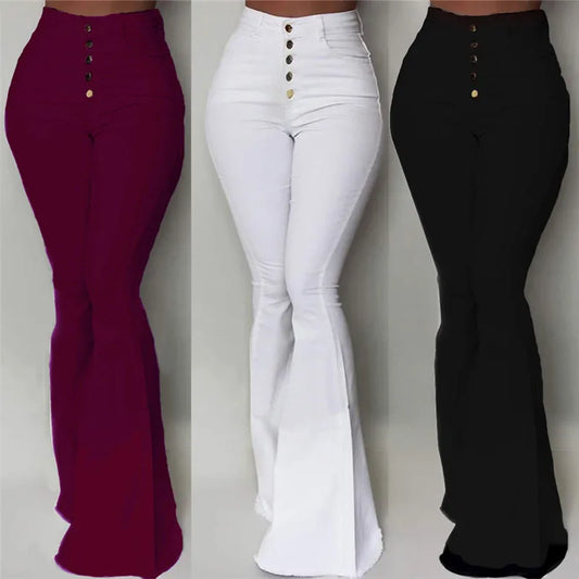 High Waist Elastic Bell-Bottom Pants – Women's Solid Flare Trousers