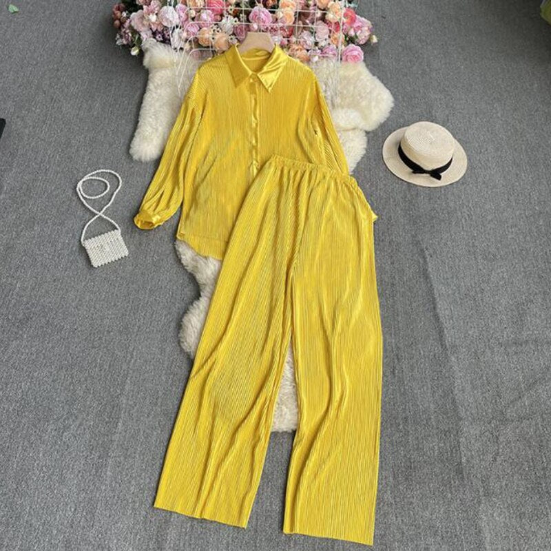 Casual Loose Long Sleeve Blouse & Wide Leg Pants Set – Women's Beige Two-Piece