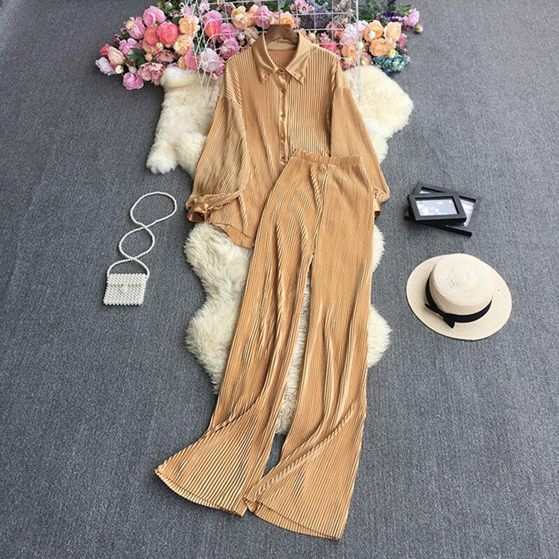 Casual Loose Long Sleeve Blouse & Wide Leg Pants Set – Women's Beige Two-Piece
