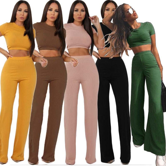 Knit Long Sleeve Crop Top & Wide Leg Pants Two-Piece Set – Women's Casual Outfit