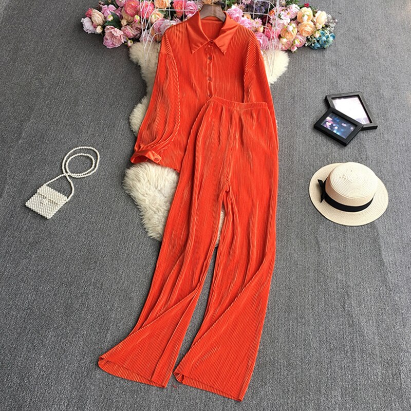 Casual Loose Long Sleeve Blouse & Wide Leg Pants Set – Women's Beige Two-Piece