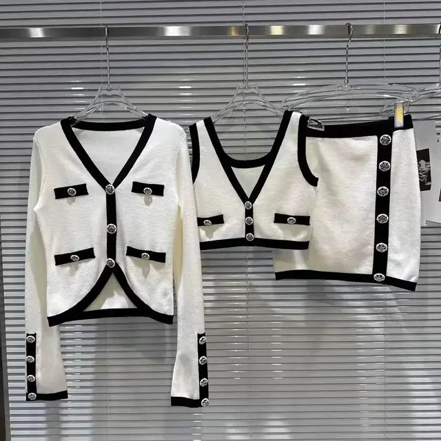 Vintage Knit 3-Piece Set – Long Sleeve Cardigan, Vest & Mini Skirt Outfit