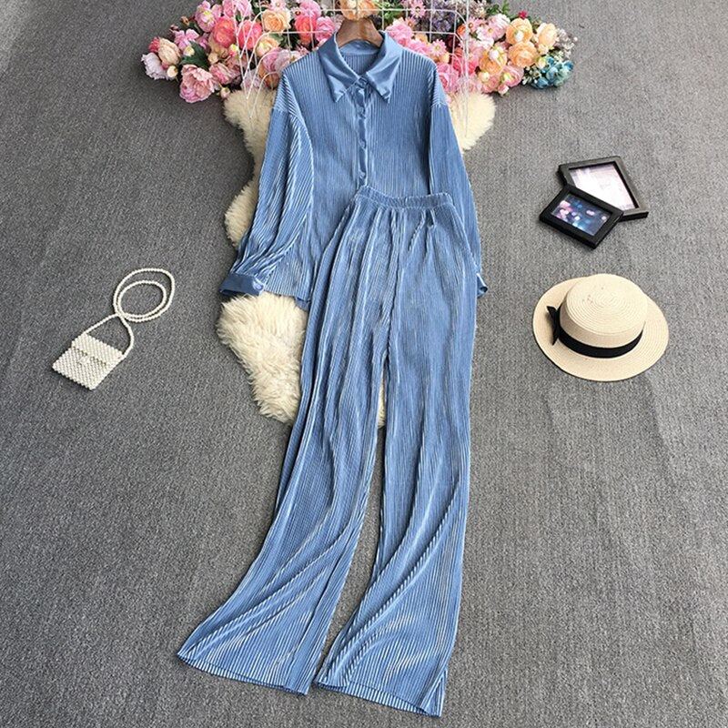 Casual Loose Long Sleeve Blouse & Wide Leg Pants Set – Women's Beige Two-Piece