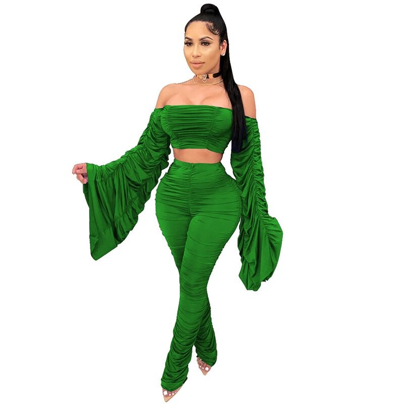 One-Shoulder Shirring Crop Top & Pencil Pants Set – Women's Club Outfit
