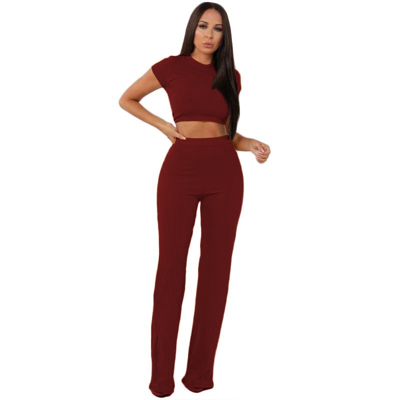 Knit Long Sleeve Crop Top & Wide Leg Pants Two-Piece Set – Women's Casual Outfit