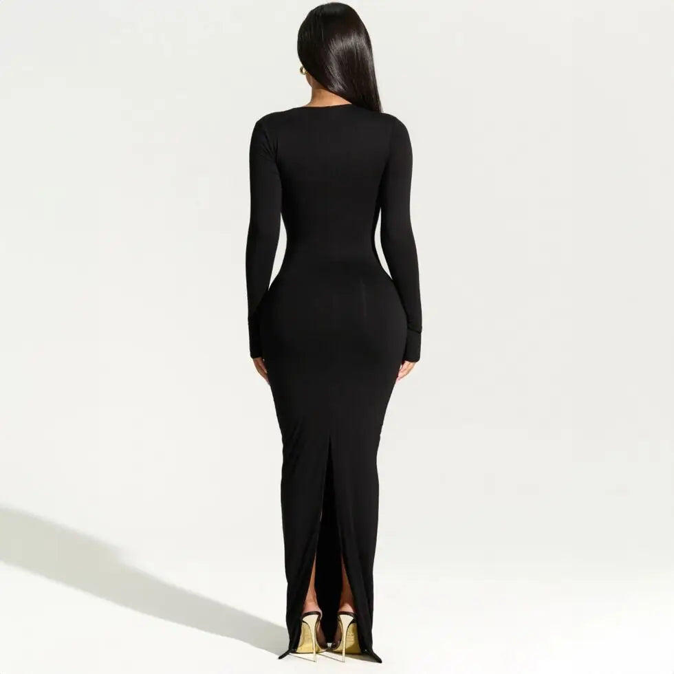 Asymmetrical Long Sleeve Slit Maxi Dress – Women's Black Evening Party Dress