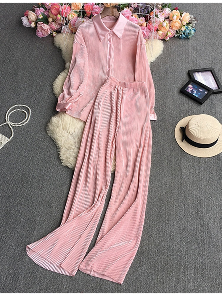 Casual Loose Long Sleeve Blouse & Wide Leg Pants Set – Women's Beige Two-Piece