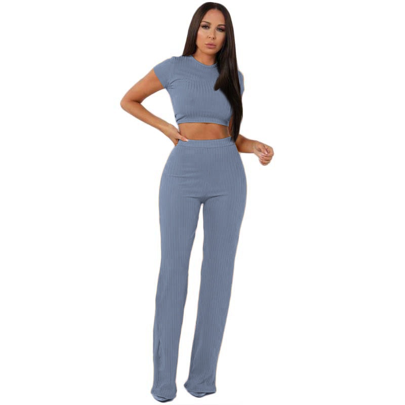 Knit Long Sleeve Crop Top & Wide Leg Pants Two-Piece Set – Women's Casual Outfit