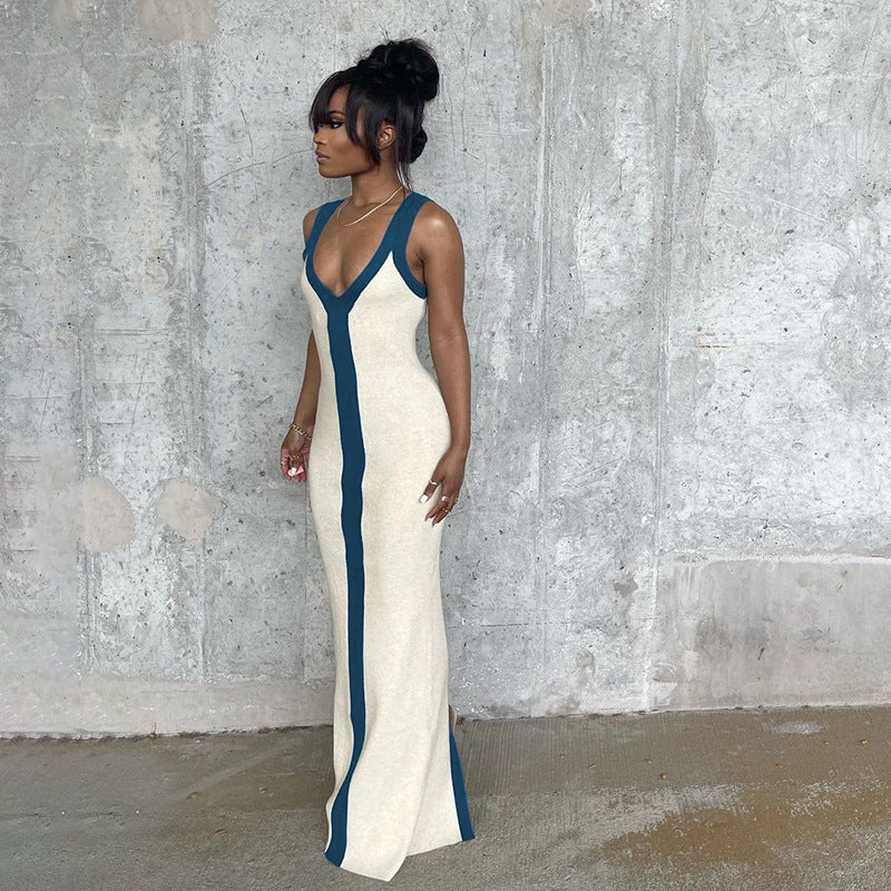 Color Block V-Neck Sleeveless Bodycon Maxi Dress – Women's Summer Beach Dress