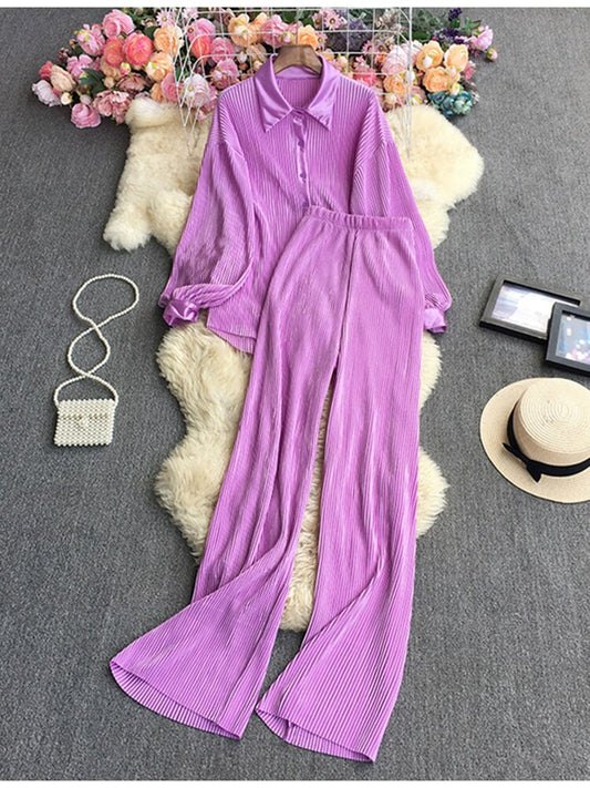 Casual Loose Long Sleeve Blouse & Wide Leg Pants Set – Women's Beige Two-Piece