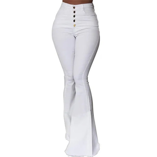 High Waist Elastic Bell-Bottom Pants – Women's Solid Flare Trousers