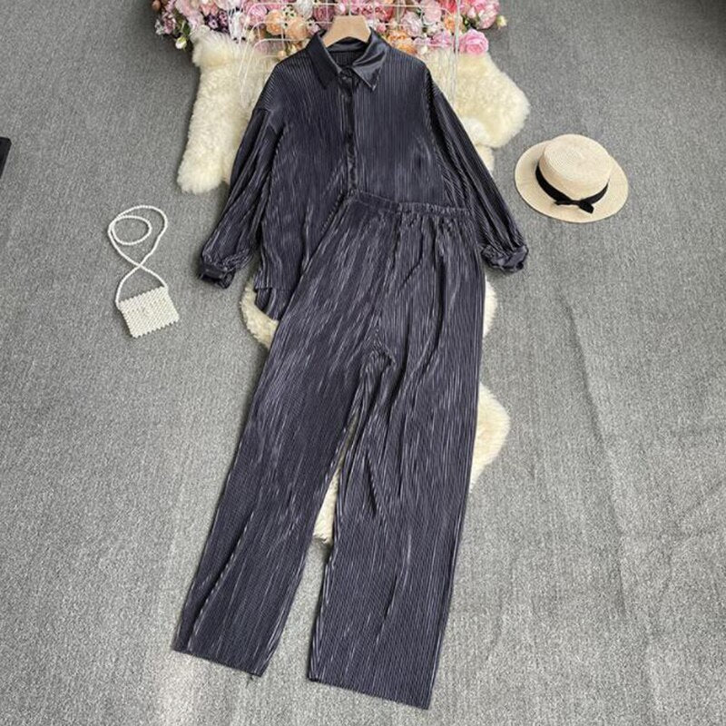 Casual Loose Long Sleeve Blouse & Wide Leg Pants Set – Women's Beige Two-Piece