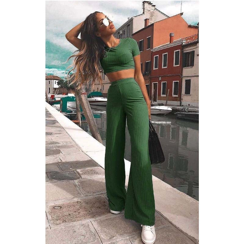 Knit Long Sleeve Crop Top & Wide Leg Pants Two-Piece Set – Women's Casual Outfit