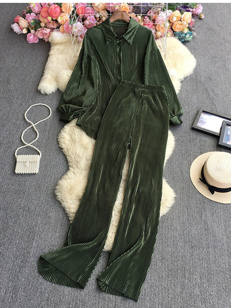 Casual Loose Long Sleeve Blouse & Wide Leg Pants Set – Women's Beige Two-Piece