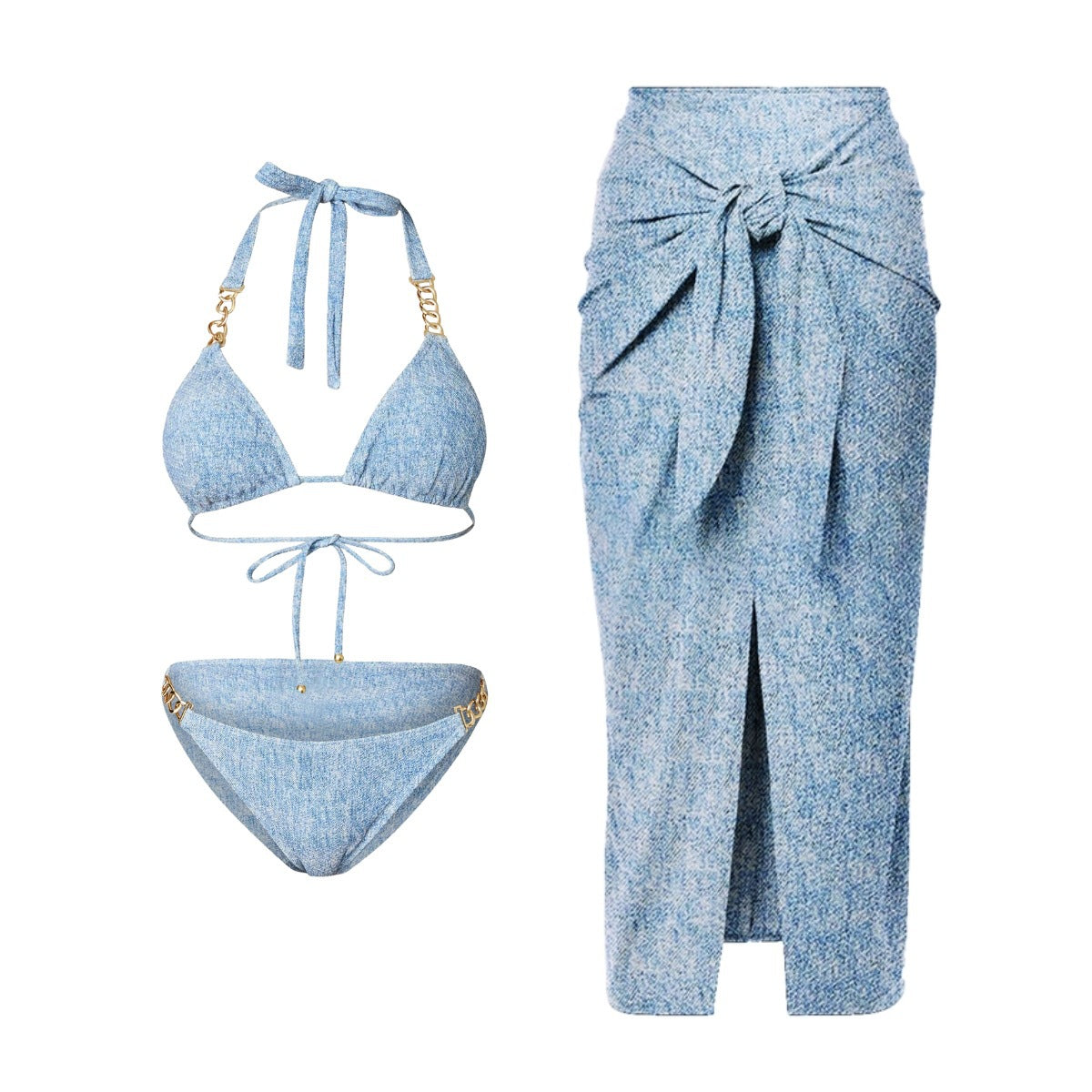 Printed Denim Triangular Two-Piece Bikini Set – Women's Sexy Swimwear