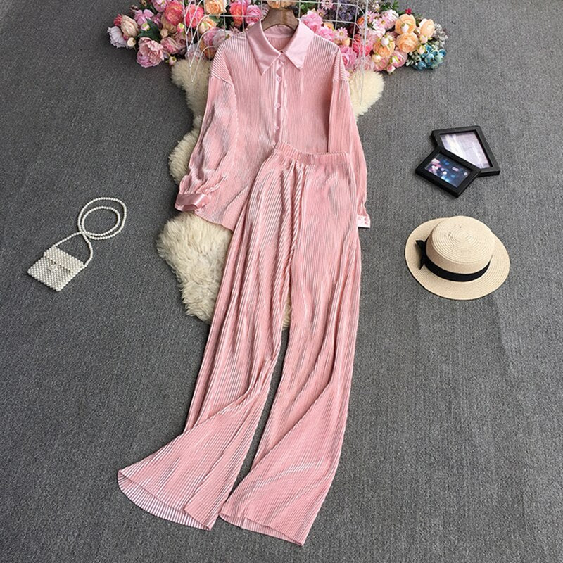 Casual Loose Long Sleeve Blouse & Wide Leg Pants Set – Women's Beige Two-Piece