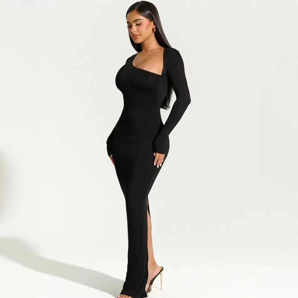 Asymmetrical Long Sleeve Slit Maxi Dress – Women's Black Evening Party Dress