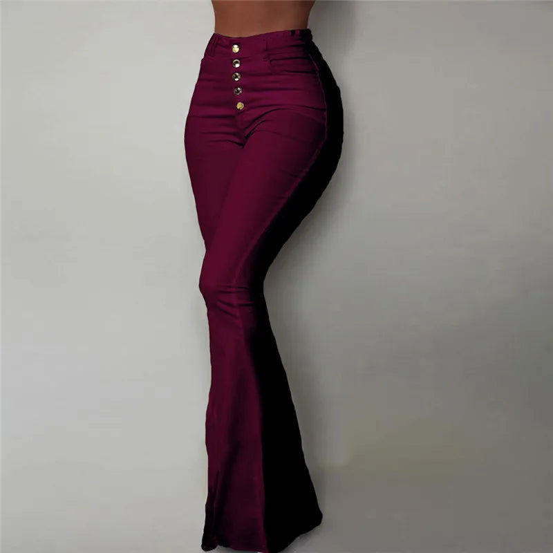 High Waist Elastic Bell-Bottom Pants – Women's Solid Flare Trousers