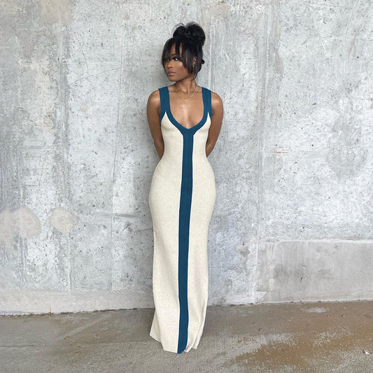 Color Block V-Neck Sleeveless Bodycon Maxi Dress – Women's Summer Beach Dress
