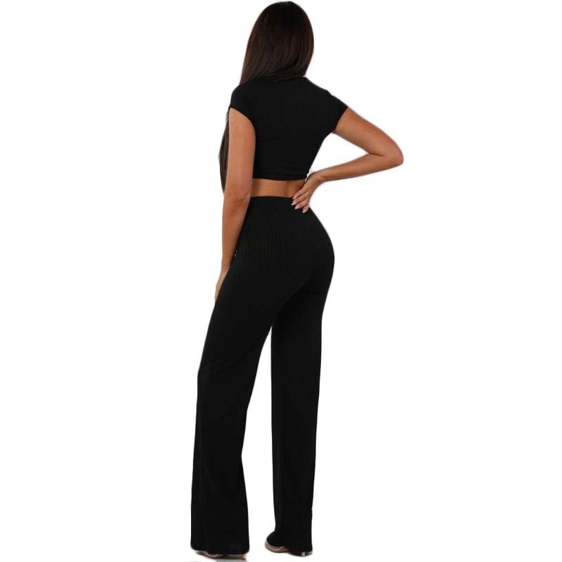 Knit Long Sleeve Crop Top & Wide Leg Pants Two-Piece Set – Women's Casual Outfit