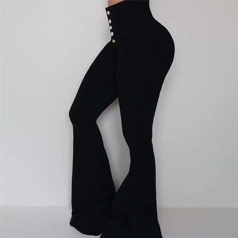 High Waist Elastic Bell-Bottom Pants – Women's Solid Flare Trousers