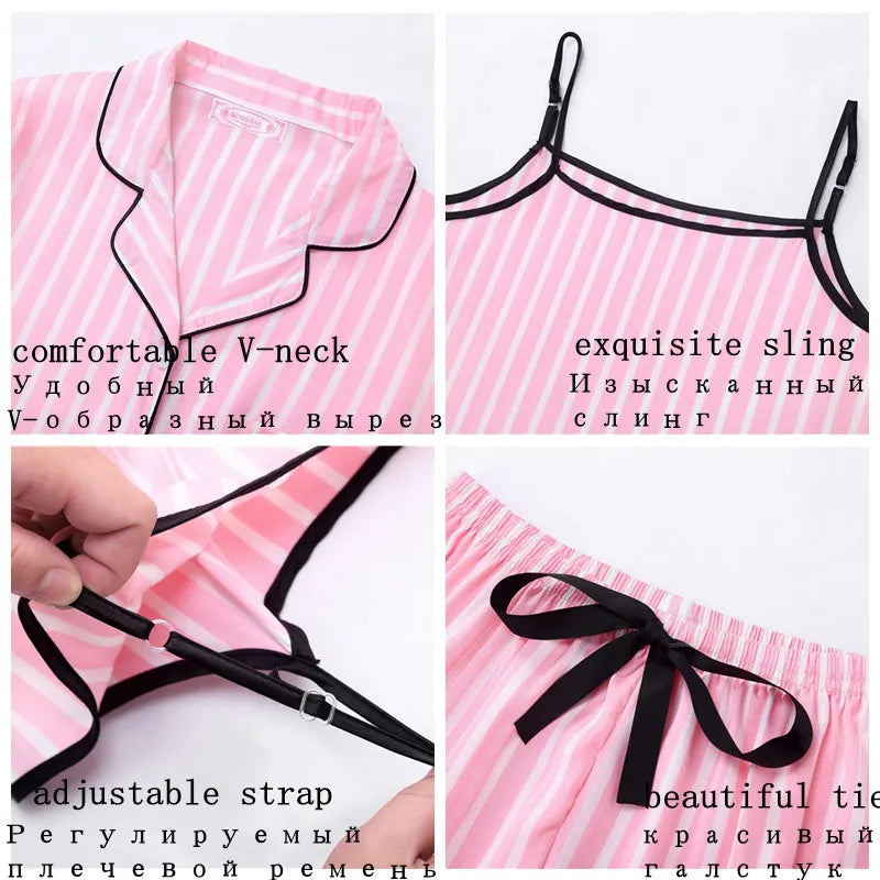 7-Piece Faux Silk Striped Pajama Set – Women's Luxury Sleepwear