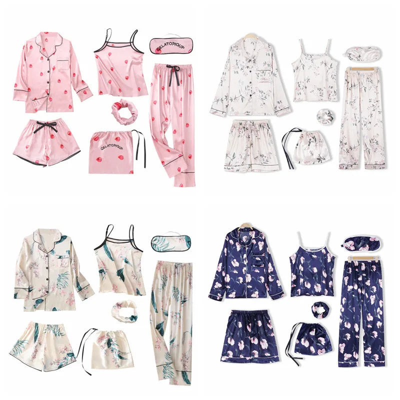 7-Piece Faux Silk Striped Pajama Set – Women's Luxury Sleepwear