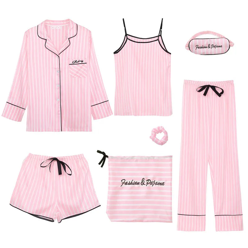 7-Piece Faux Silk Striped Pajama Set – Women's Luxury Sleepwear