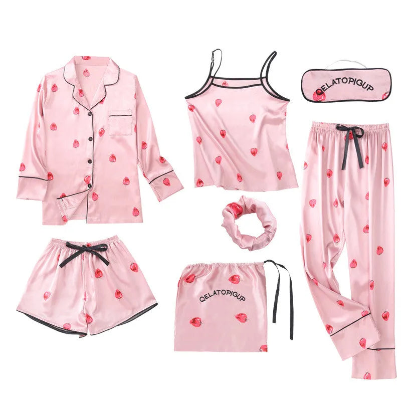 7-Piece Faux Silk Striped Pajama Set – Women's Luxury Sleepwear